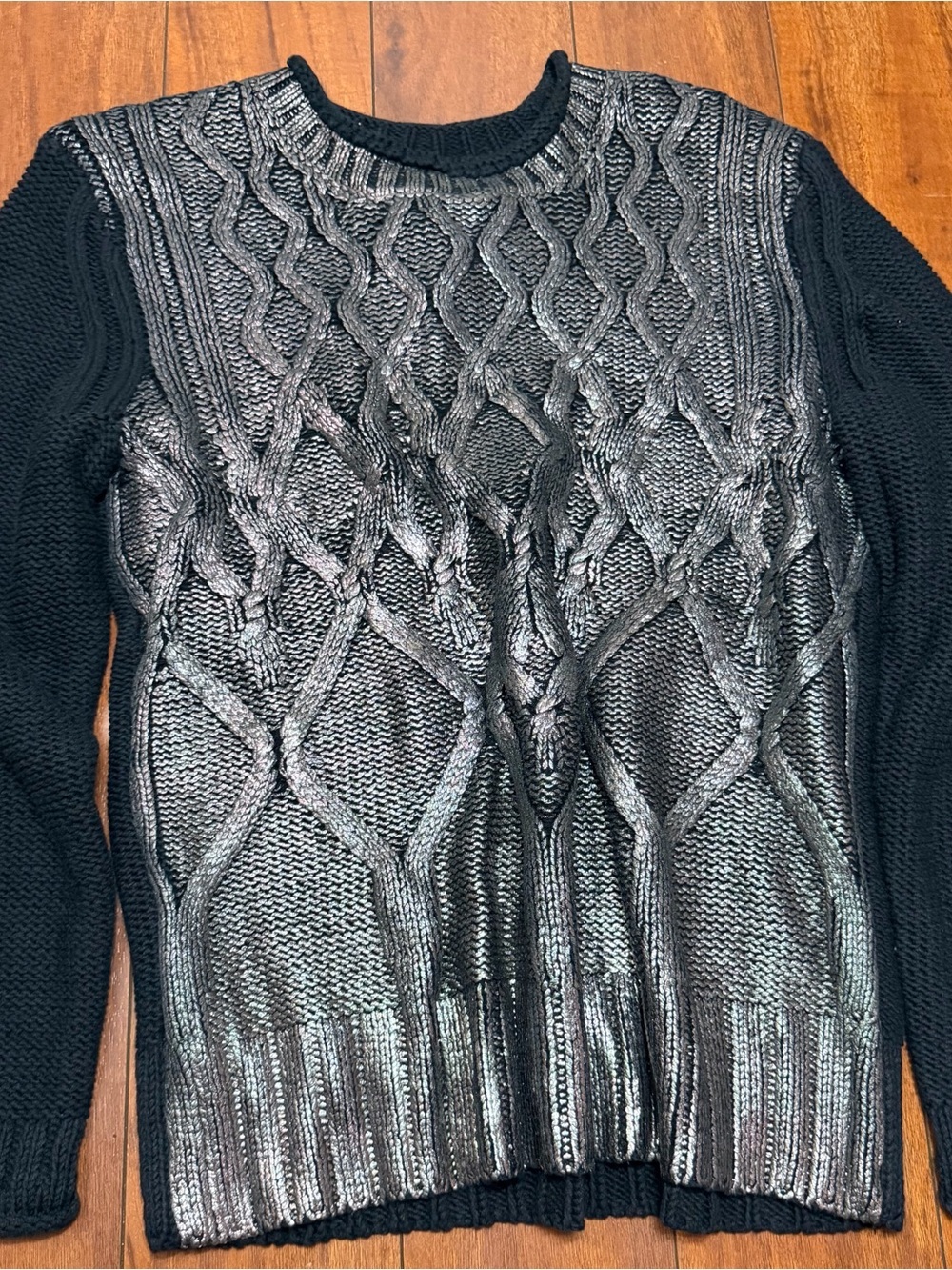 Narciso Rodriguez Black and Silver Metallic Cable Knit Sweater
